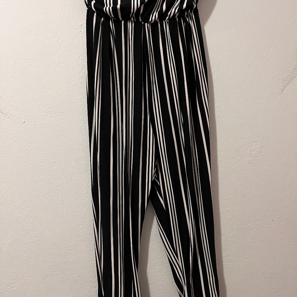 Black and white strapless jumpsuit